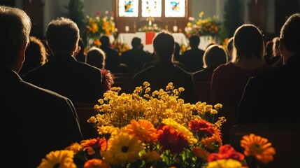 Moments of grief at a funeral, with flowers in the foreground and people sitting in a church, expressing condolences.