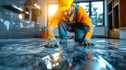 A dedicated construction worker is on his knees carefully laying tiles on the floor, focusing on craftsmanship while showcasing the effort and skill in construction work.