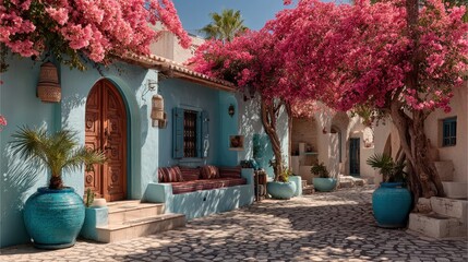 Charming Mediterranean Alley with Pink Bougainvillea and Blue Accents