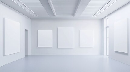 A white room with five blank white canvases, ready for art and creativity.