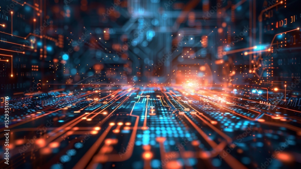 Aufkleber this high-tech image showcases intricate digital circuitry illuminated by vibrant blue and orange li