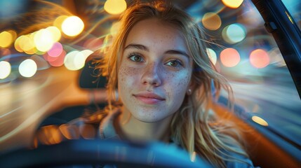 A candid portrait captures a young woman's serene expression while sitting in a car, with bright bokeh lights creating a dreamy, urban backdrop filled with emotion.