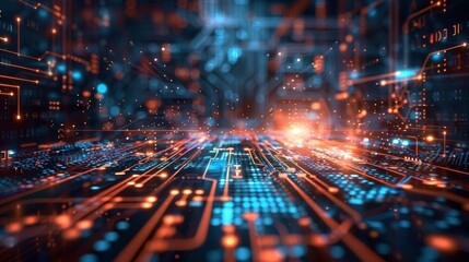 Fototapeta premium This high-tech image showcases intricate digital circuitry illuminated by vibrant blue and orange lights, representing the advanced technology and connectivity of modern computing.