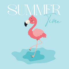 Cute pink flamingo stands in a puddle on a blue background with the words 