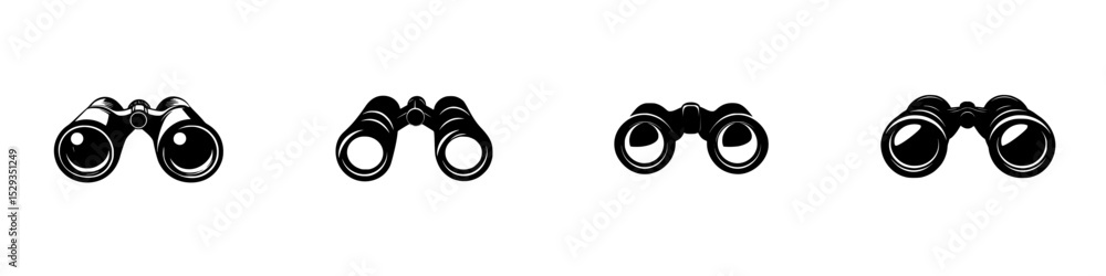 Poster set of four black binocular icons designed for various applications and projects in a minimalist sty