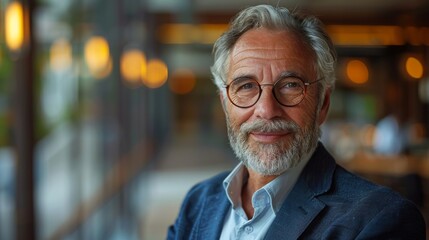 Fototapeta premium This image captures a confident older man with grey hair and glasses, smiling warmly inside a cozy modern cafe, surrounded by ambient decorations and soft lighting.