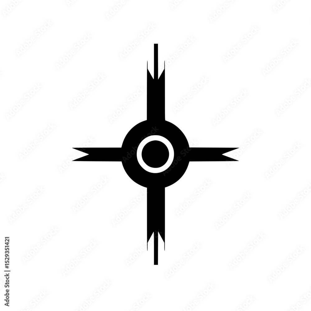 Poster stylized icon set featuring a central emblem with four pointed arrows extending outward on a plain b