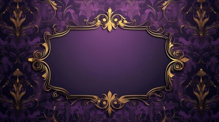 Elegant purple greeting card with vintage floral pattern and blank gold label for invitations, announcements, or luxury stationery design





