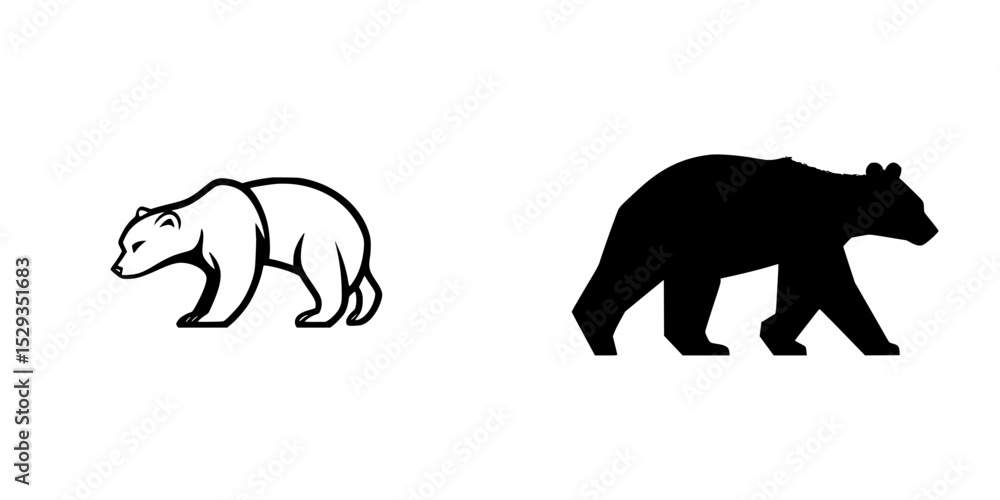 Poster black icon of a bear design showcasing two styles side by side for visual contrast in branding and g