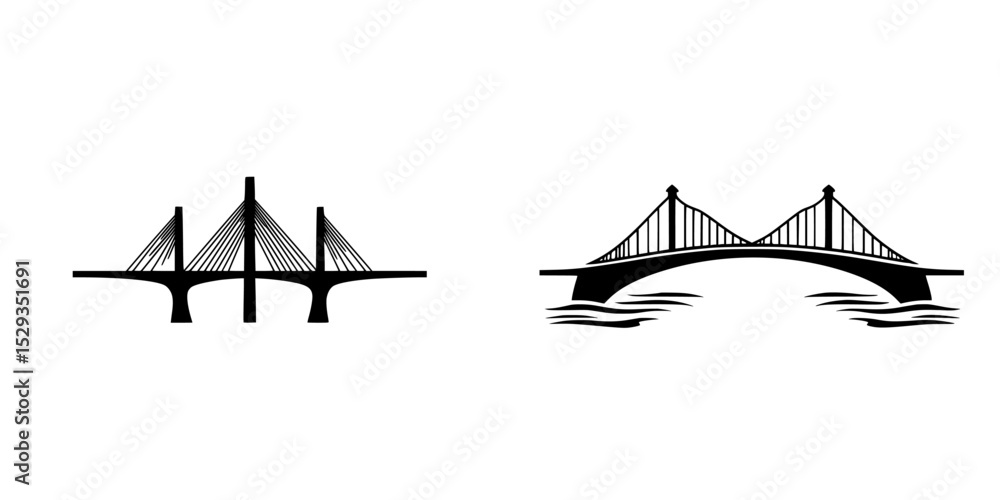 Aufkleber black icons depicting two different bridge designs with bold lines and simple shapes for graphic use