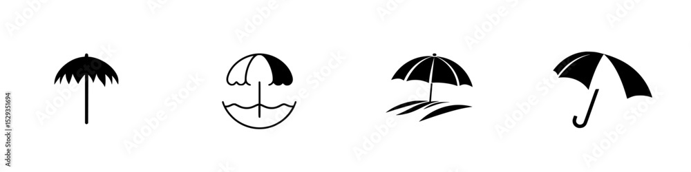 Poster icons representing different types of umbrellas in a minimalist black design suitable for various ap