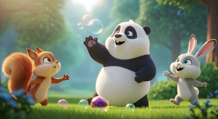 Whimsical Forest Landscape with Playful Animals and Bubbles