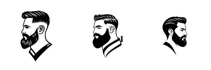 Stylish black icon illustrations of three men's profile views showcasing modern hairstyles and beard designs