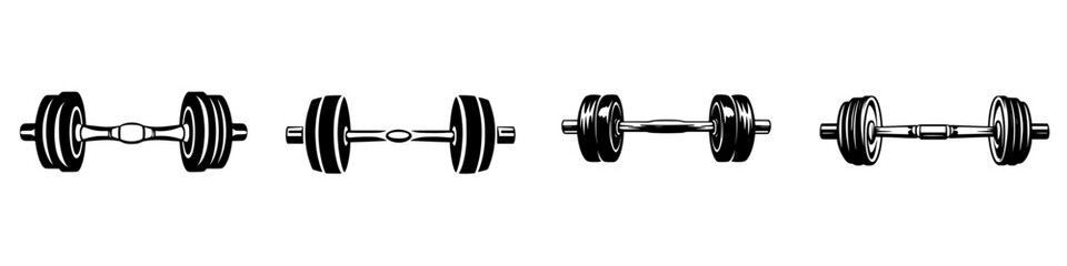 Collection of various black dumbbell icons showing different styles and weights for fitness enthusiasts and gym branding