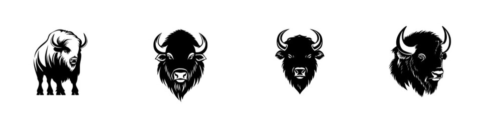 Obraz premium Black icon set of bison illustrations showcasing different perspectives and details