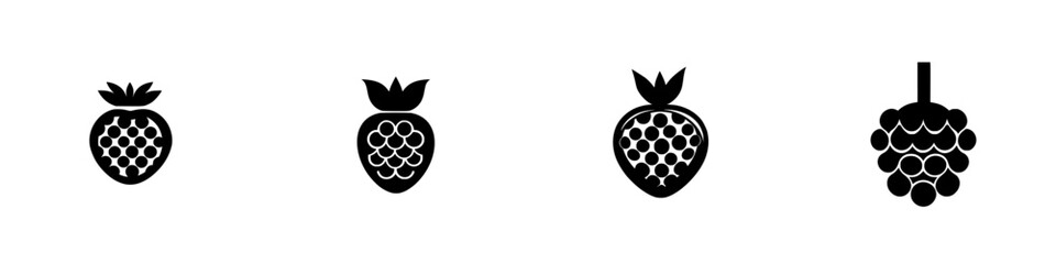 Set of black fruit icons depicting strawberries and grapes designed for digital applications