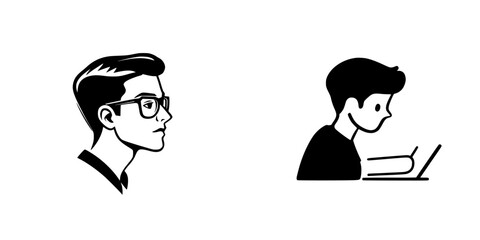 Black icons depicting a young man in profile and another focused on his laptop, representing study and concentration in digital work