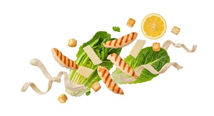 Caesar Salad Ingredients Floating Healthy Food Photography isolated on white background 