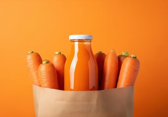 Carrot juice bottle with fresh carrots in a paper bag on a vibrant orange background