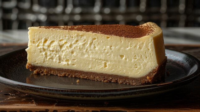 A rich and creamy slice of cheesecake elegantly presented on a dark plate, topped with a light dusting of cocoa powder for a sophisticated dessert experience that delights.