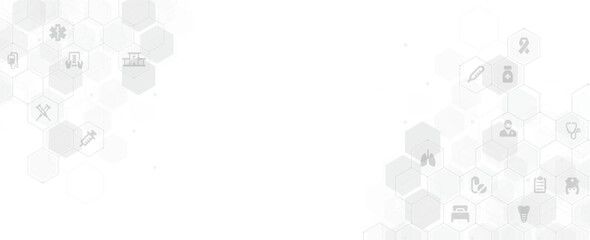 Abstract medical background with flat icons in hexagons. Design for science, medicine or technology, innovation medicine, health