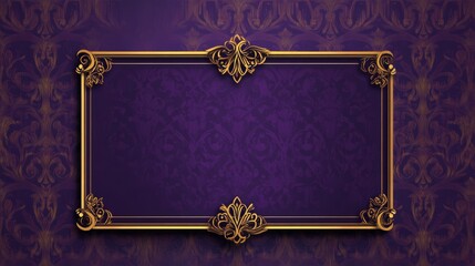Elegant purple greeting card with vintage floral pattern and blank gold label for invitations, announcements, or luxury stationery design





