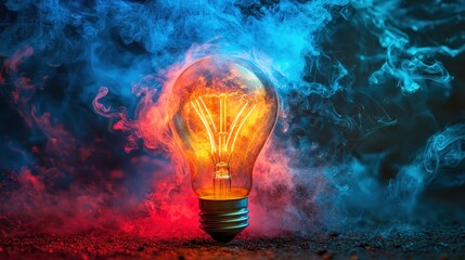 Light bulb glowing in colorful smoke, captivating visual representation of innovation.
