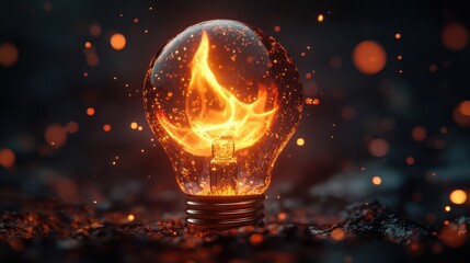 Light bulb with flame effect, dark background, mesmerizing shine.