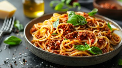 A beautifully plated dish of spaghetti bolognese topped with fresh basil leaves, representing the elegance and culinary delight of Italian cuisine in a contemporary setting.