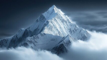 Majestic snow-covered mountain peak emerging from ethereal clouds.