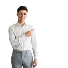 Smiling Man in White Shirt Pointing to the Side