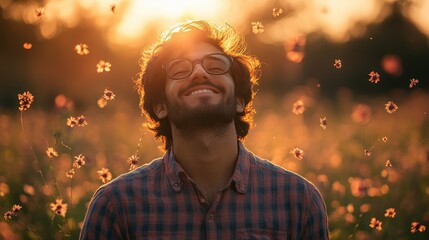 Man enjoying nature with flowers and sunset in the background, positive vibes.