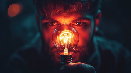 Man holding glowing light bulb, intense gaze, dark background.