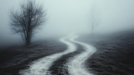 Misty pathway through foggy terrain with silhouetted trees, atmospheric scene.