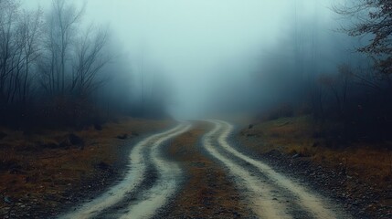 Misty rural road disappearing into fog with silhouetted trees.