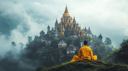 Monk meditating in front of a majestic temple in the misty mountains.