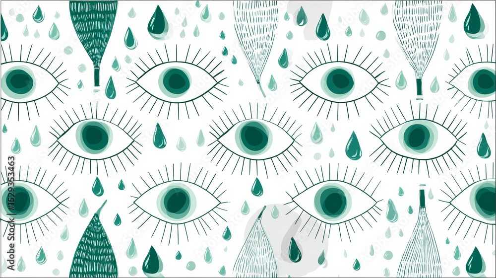 Poster abstract pattern featuring stylized eyes and water droplets in green tones, creating a visually enga
