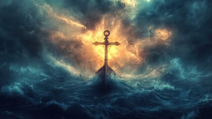 Mystical sea landscape with an anchor amidst stormy waters and dramatic skies.