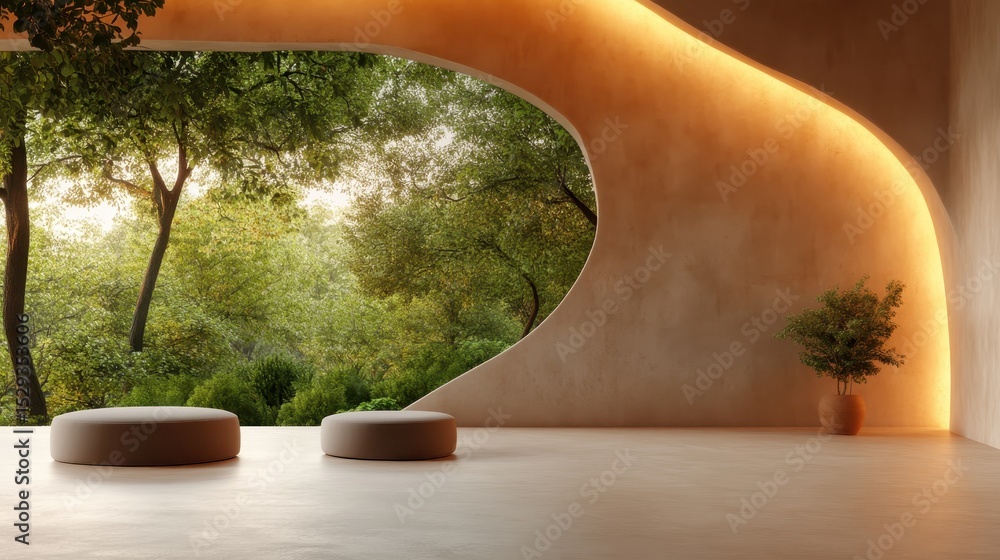 Poster this tranquil space features a unique organic design, large windows showcasing greenery outside, cre