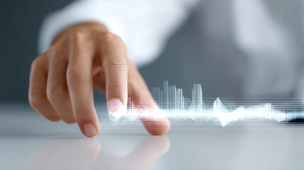 Hand gently touches glowing digital waveform on smooth surface, symbolizing interaction with technology and innovation. minimalistic design emphasizes modernity and connectivity