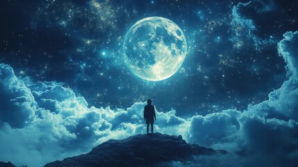 Person gazing at a bright moon amidst cosmic clouds and stars.