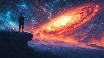 Person gazing at a colorful galaxy in a starry night sky over a distant landscape.