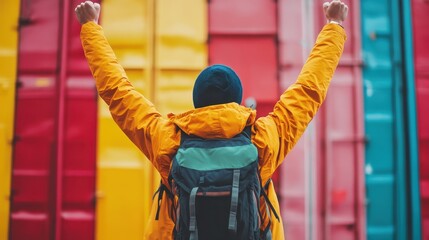 Person in yellow jacket celebrating joyfully against colorful background.