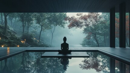 Person meditating by tranquil water surrounded by a serene natural environment.