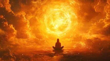 Person meditating in front of a radiant sun, surrounded by vibrant clouds.