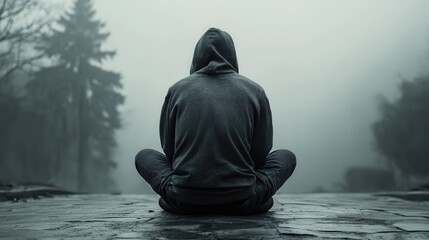 Person meditating in misty environment, serene atmosphere, focus on inner peace.