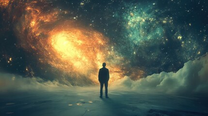 Person standing in awe of the cosmic universe, colorful galaxies and clouds in the background.