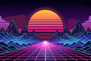 Retro Futuristic Synthwave Landscape with Neon Grid Road and Vaporwave Sunset – 80s Inspired Vector Art