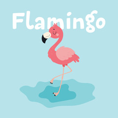 Cute pink flamingo on a blue background with the word 