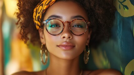 Portrait of a confident young woman with curly hair and glasses, vibrant background.